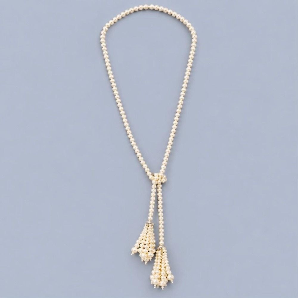 Vintage Faux Pearl Lariat Necklace Tassel Sautoir Flapper Art Deco Style 34"